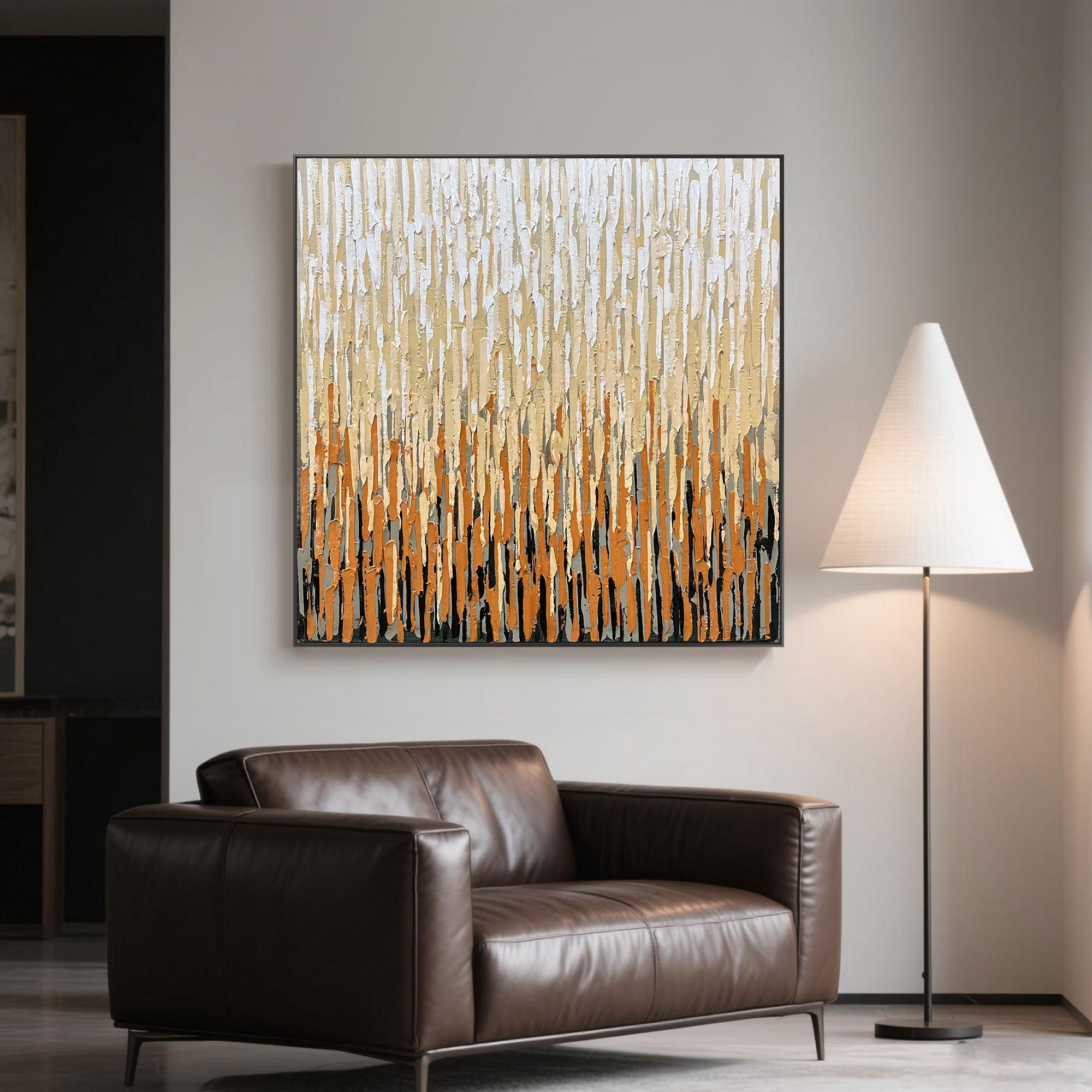 Beige and brown modern abstract square canvas wall art in a contemporary reading corner.