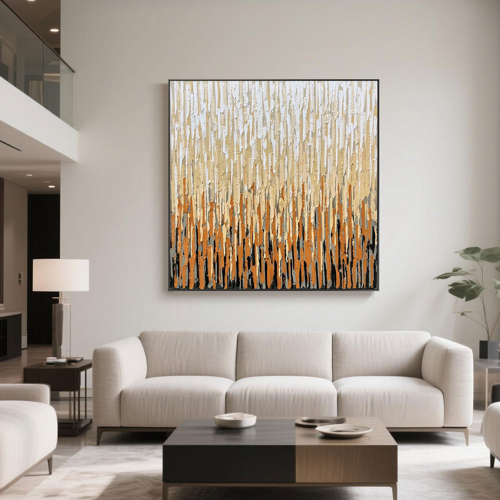 Modern abstract painting in beige and brown on a square canvas in a minimalist hallway.