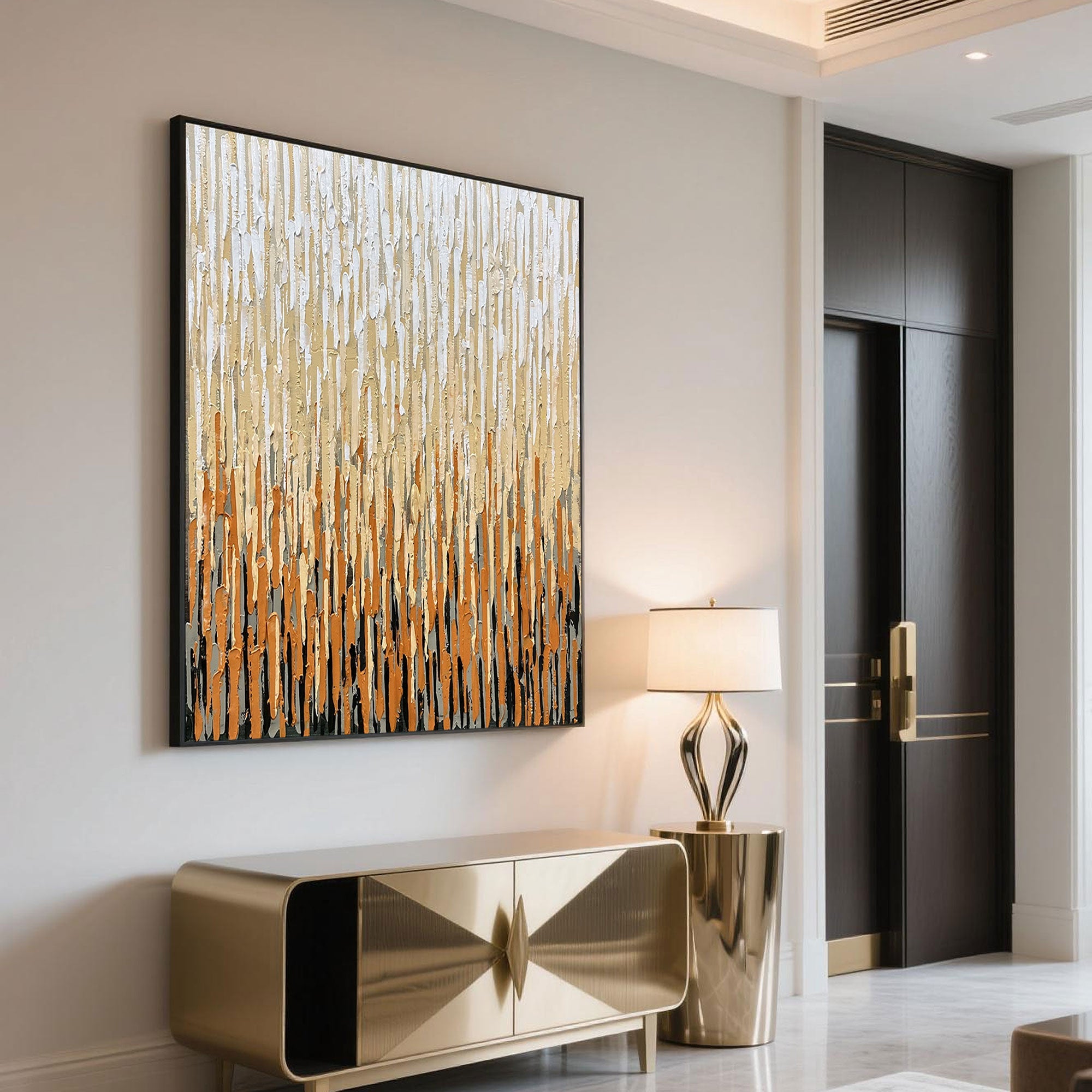 Large square abstract wall art in warm neutral colors for living room or home gallery decor.
