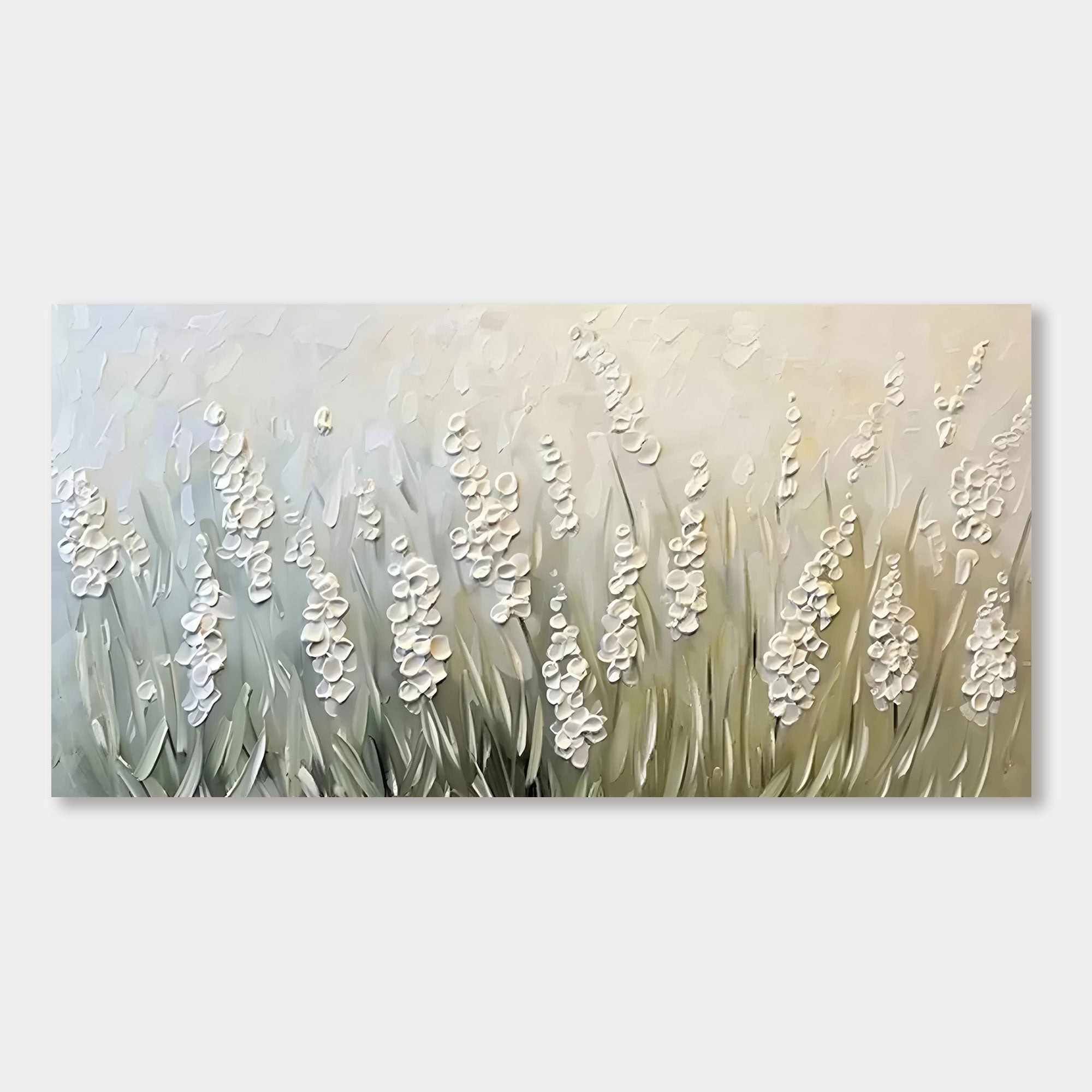 Abstract white flowers canvas art, 'Quiet Garden' close-up.