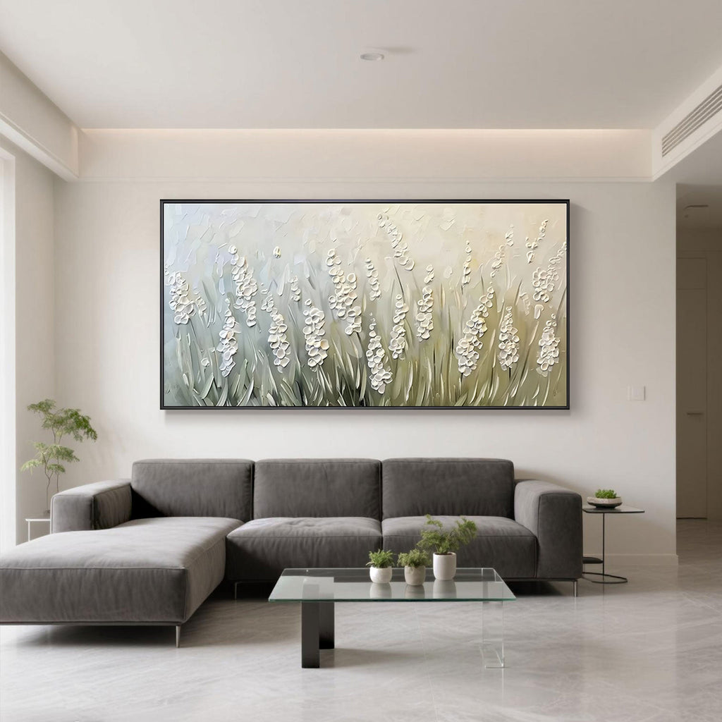 Abstract white flowers canvas art, 'Quiet Garden'.