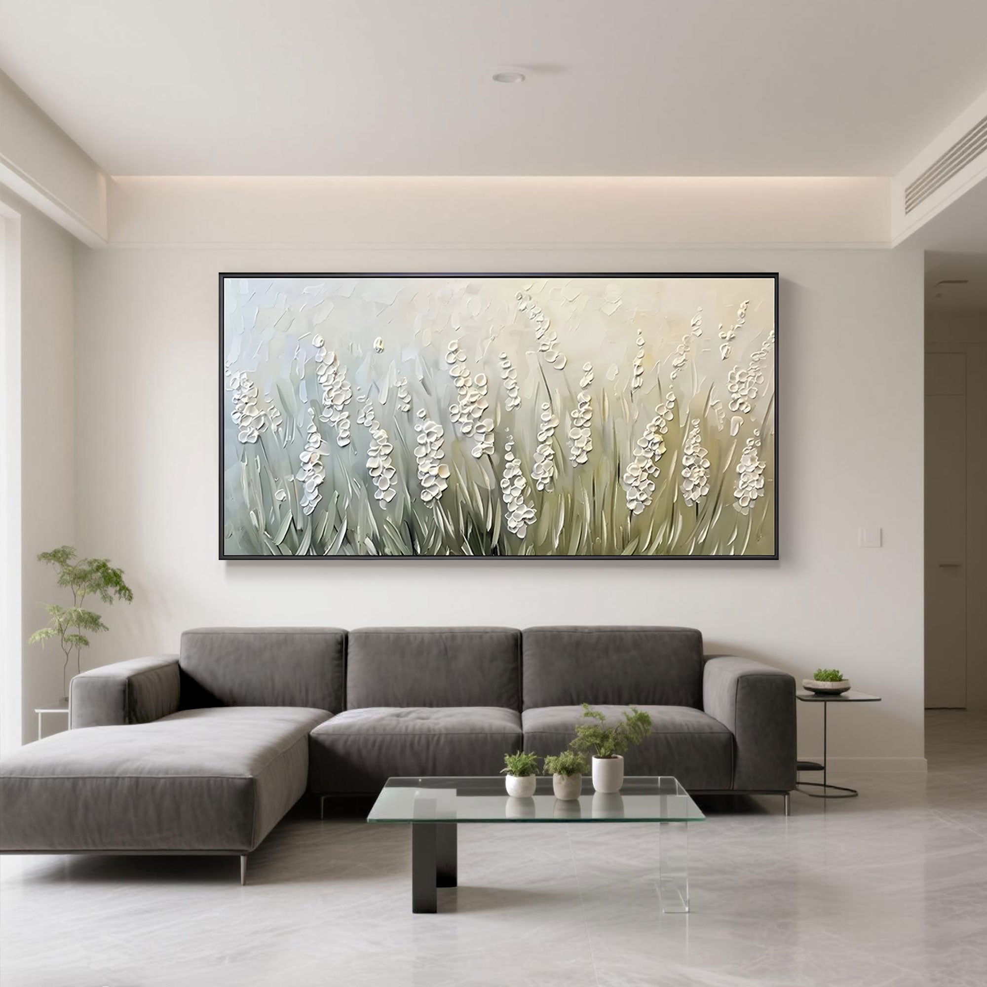 Abstract white flowers canvas art, 'Quiet Garden'.