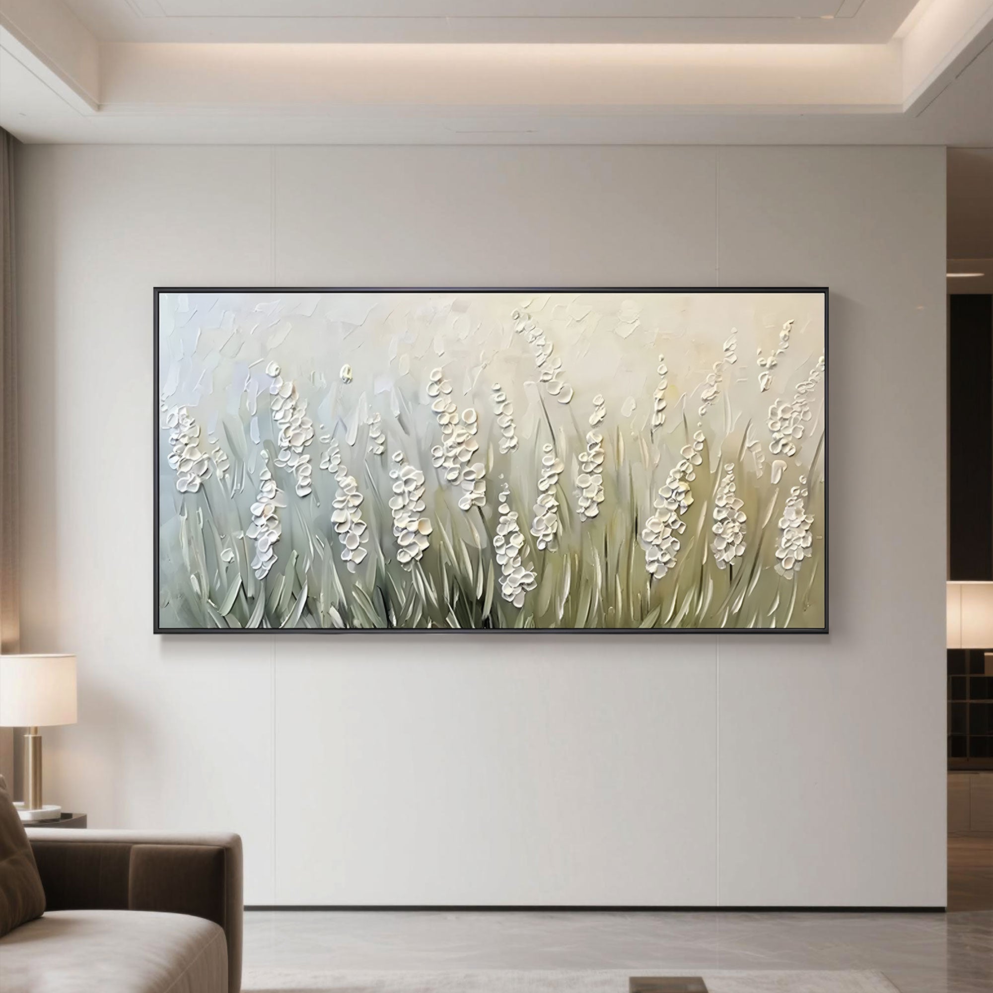 Cream-toned 3D textured canvas art in a modern interior.