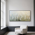 Horizontal 3D textured flower art in a minimal reading nook.
