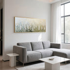 3D textured floral painting in a grey-toned living room.