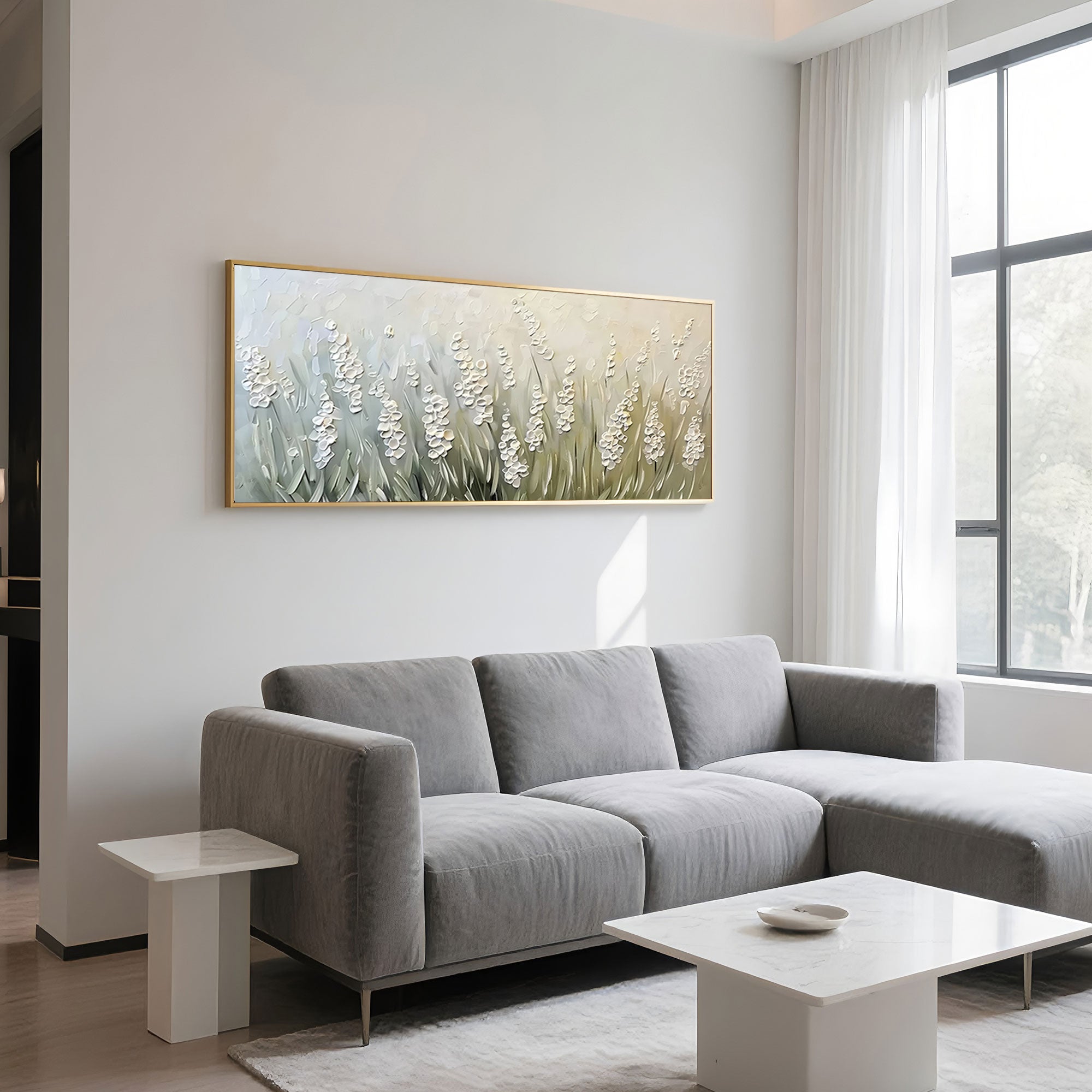 3D textured floral painting in a grey-toned living room.