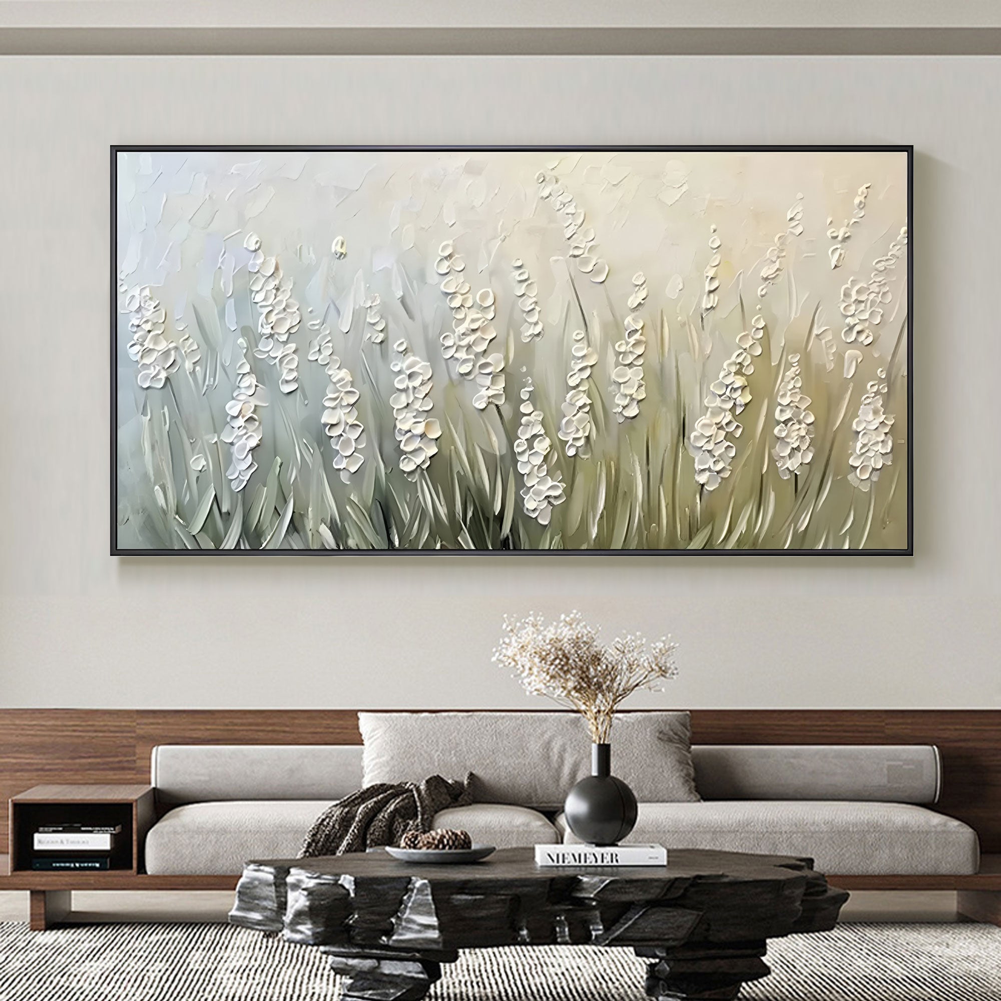 3D textured floral canvas art above a modern sofa.