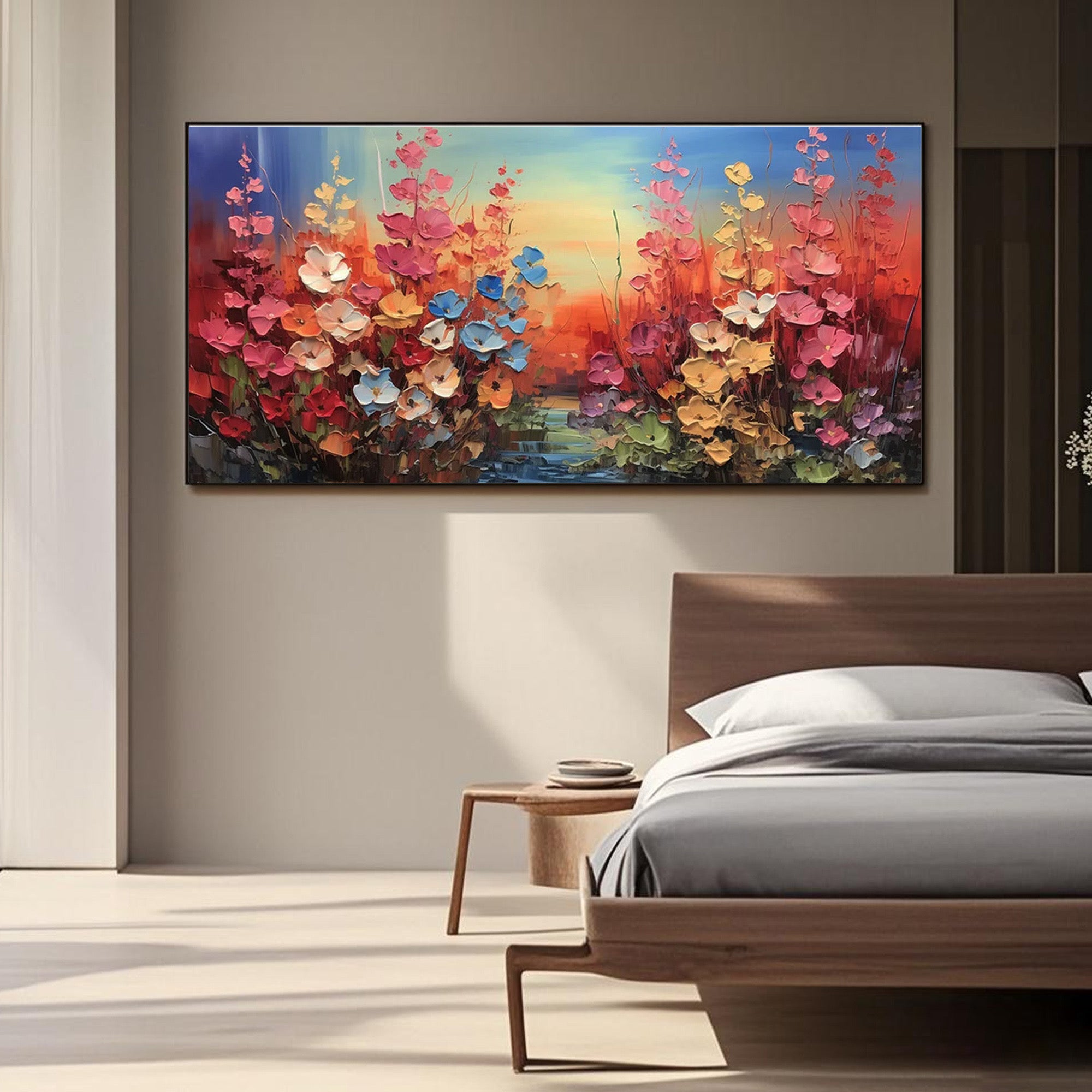 Colorful floral artwork enhancing a modern bedroom decor
