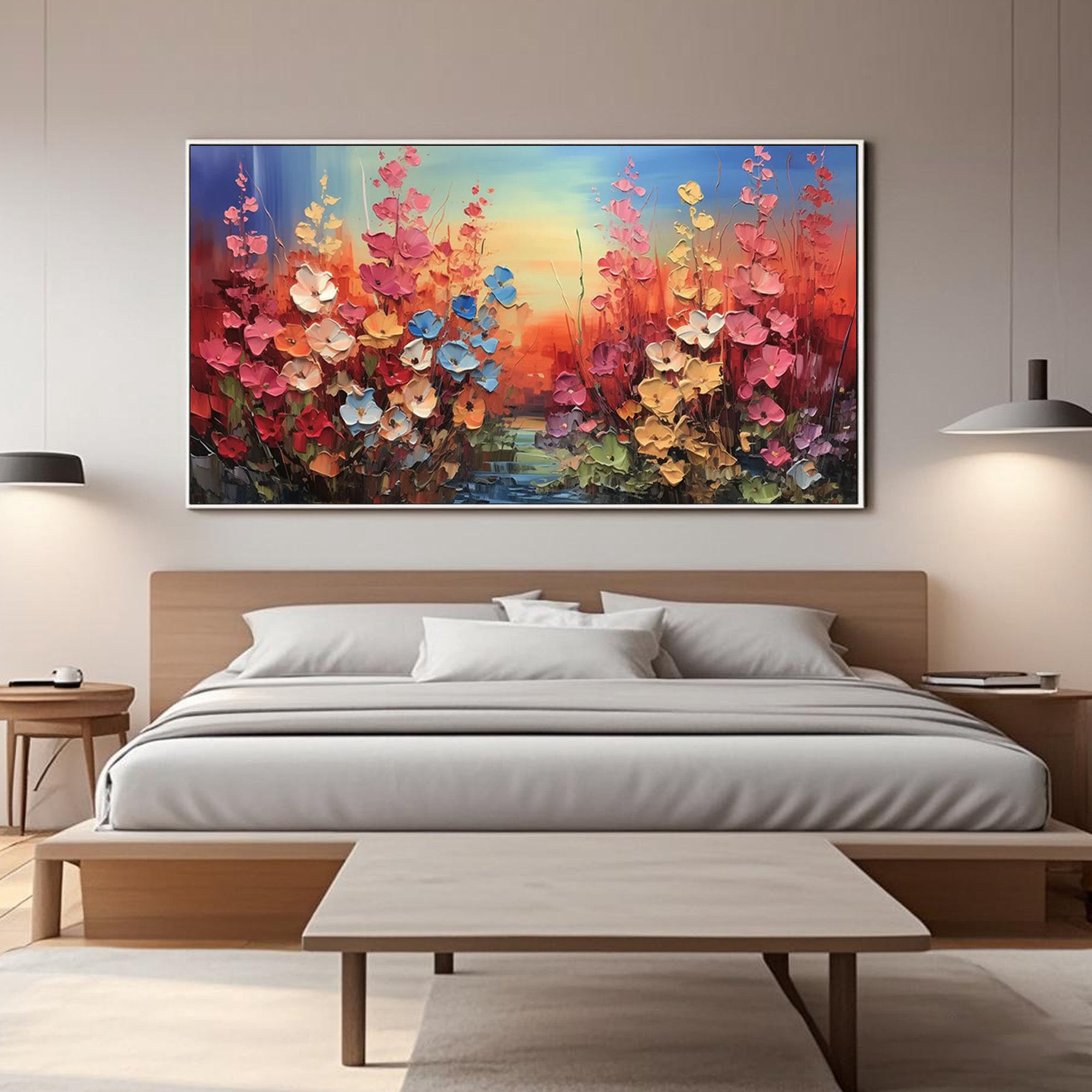Colorful floral artwork enhancing a modern bedroom decor