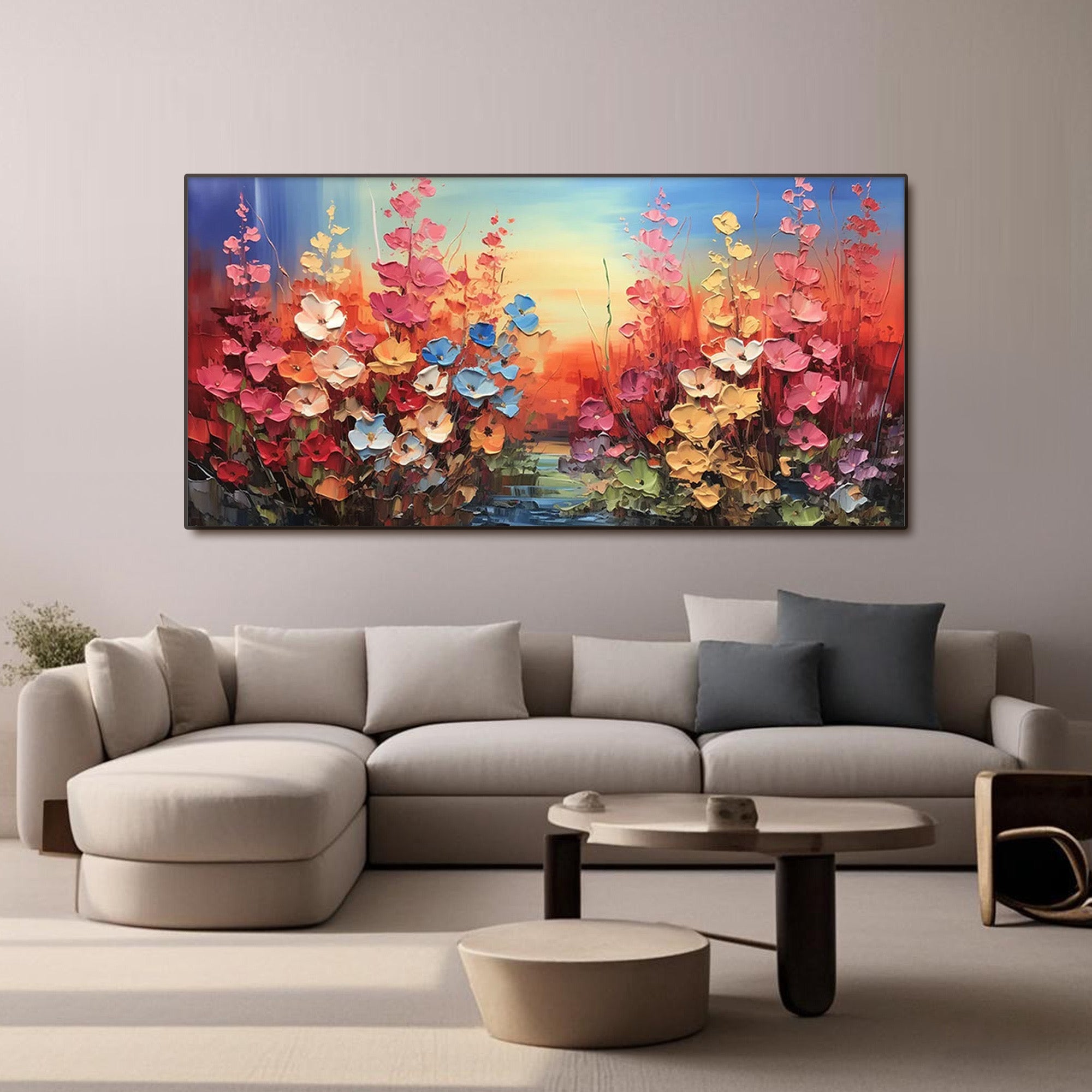 Vibrant abstract flowers painting in a contemporary living room