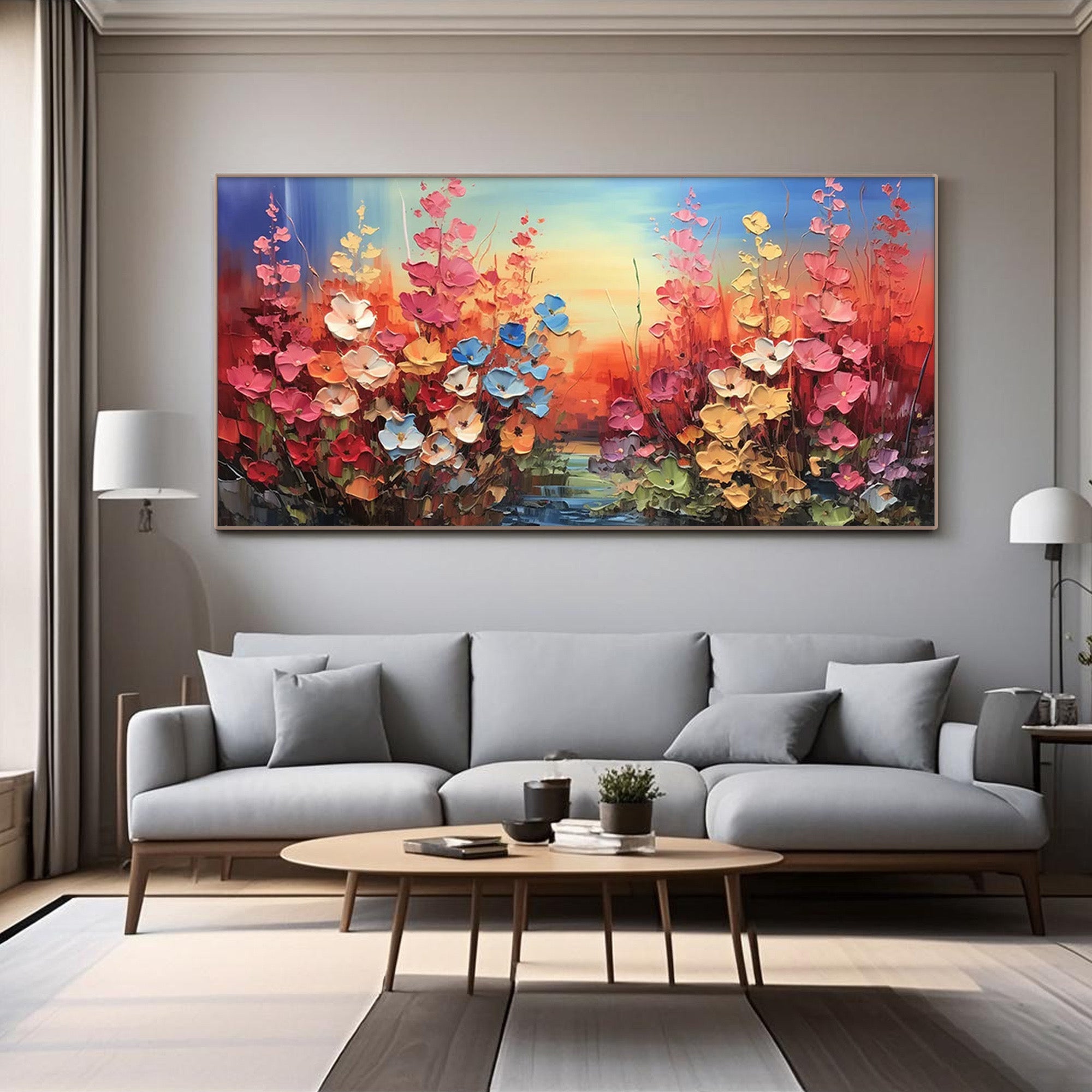 Vibrant abstract flowers painting in a contemporary living room
