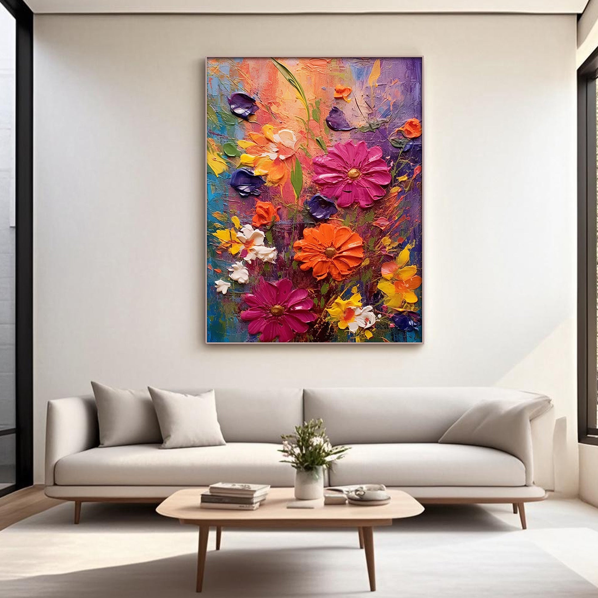 Vibrant floral wall art with thick impasto petals in warm tones – hand-painted oversized canvas for living room or bedroom
