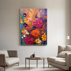 3D textured abstract flowers in pink, orange, yellow – large vertical painting for modern interior design