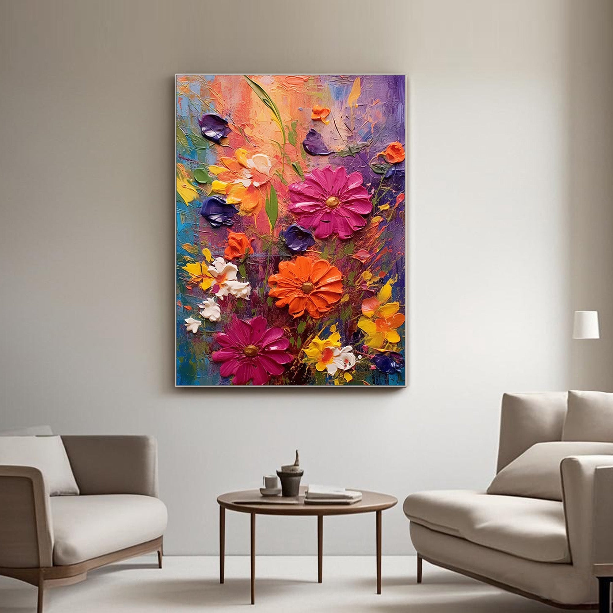 3D textured abstract flowers in pink, orange, yellow – large vertical painting for modern interior design