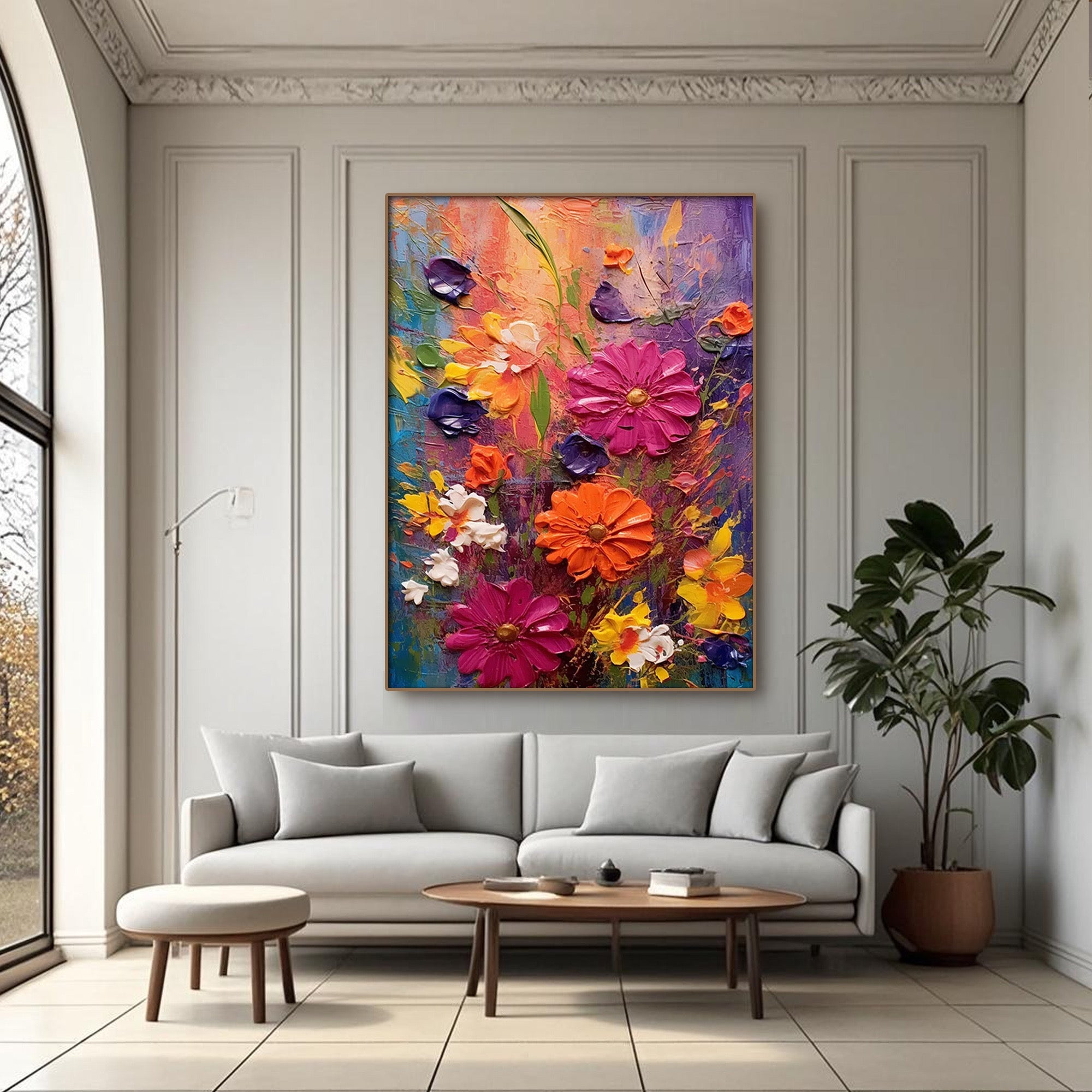 3D textured abstract floral painting featuring vibrant orange, fuchsia, and purple flowers on a multicolor vertical canvas, ideal for modern wall decor and living room art.