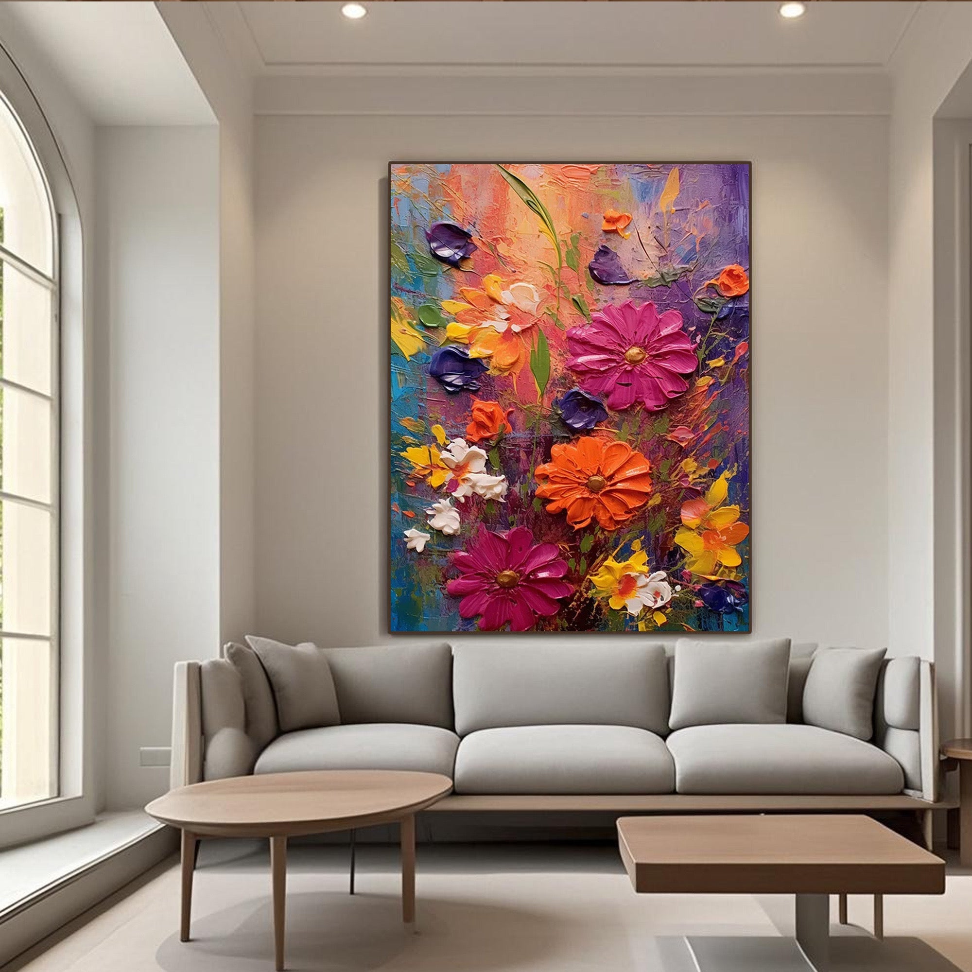 Modern abstract floral oil painting with 3D textured petals in pink, orange, and yellow – oversized vertical canvas art for contemporary home decor