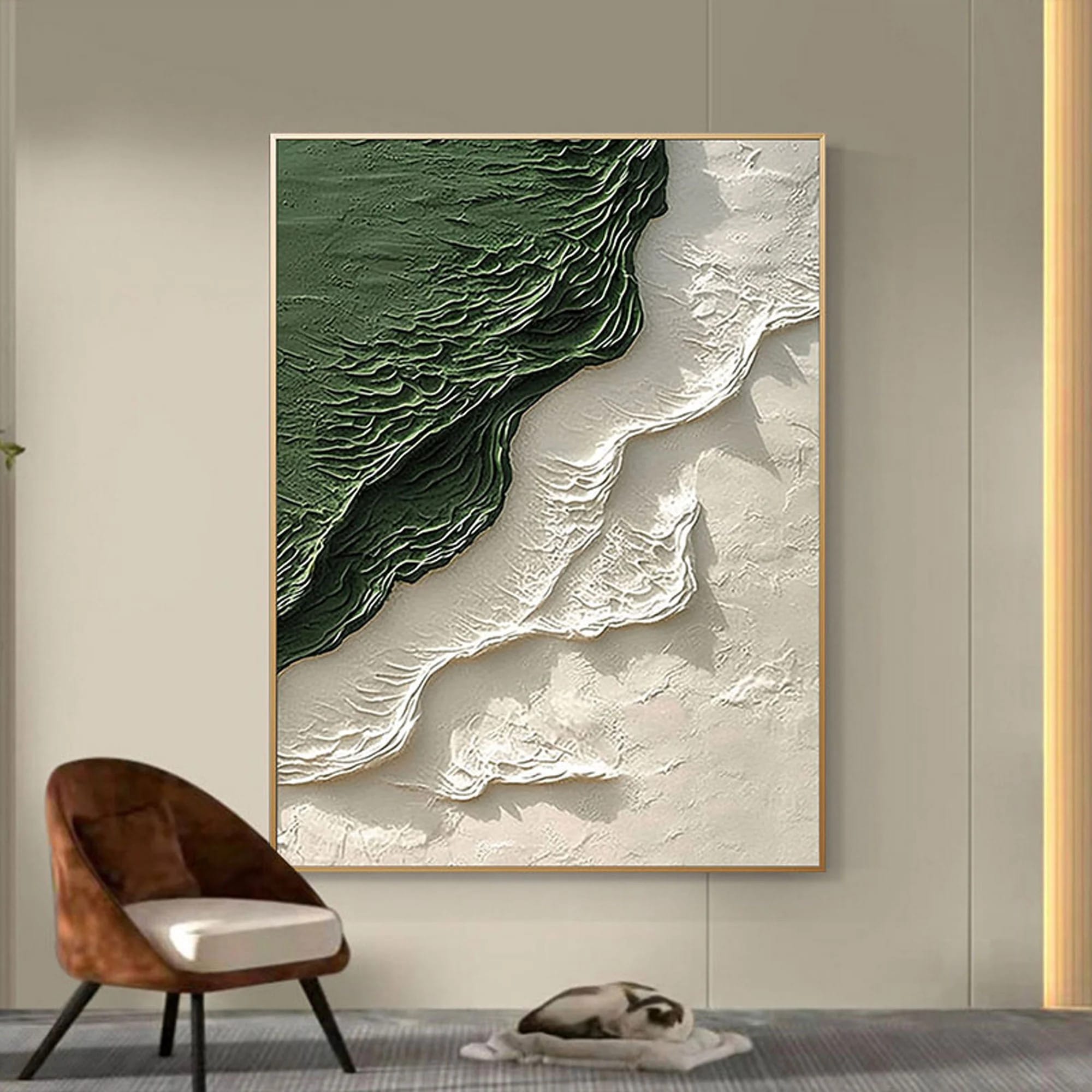 Modern Abstract 3D Textured Green White Vertical Canvas Wall Art