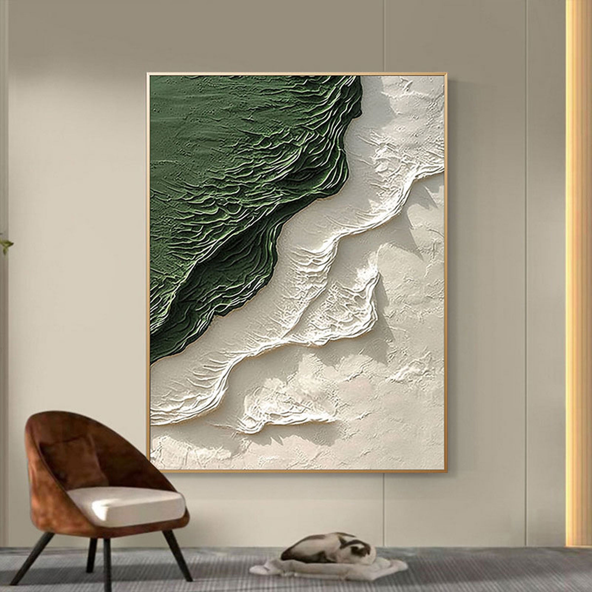 Emerald Shore abstract canvas art displayed in a living room setting.