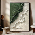 Angled view of the green and white textured abstract canvas art
