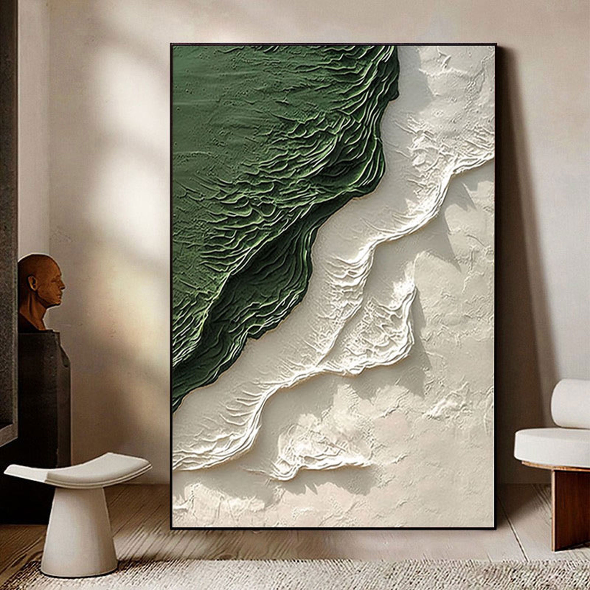Angled view of the green and white textured abstract canvas art