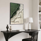 Green and white abstract art above a desk in a modern home office.