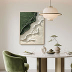 Abstract Emerald Shore canvas art hanging above a dining table.
