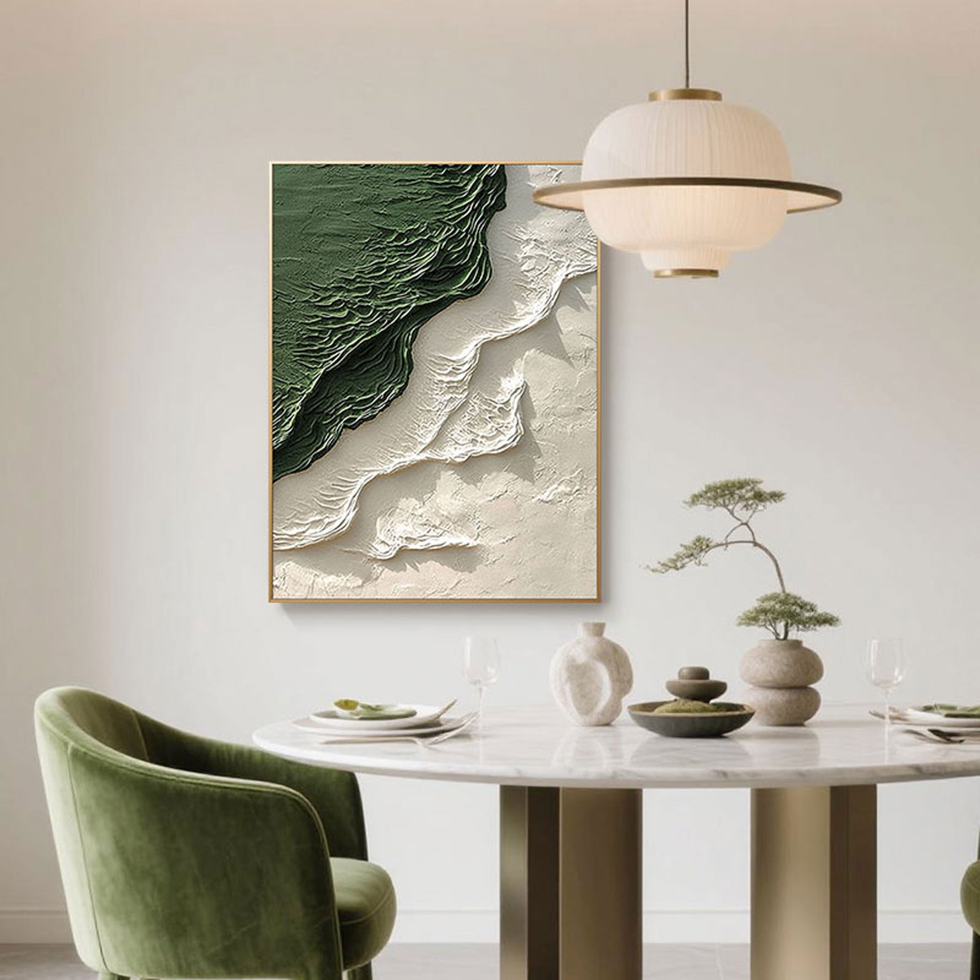 Abstract Emerald Shore canvas art hanging above a dining table.