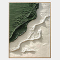 Abstract 3D textured green and white canvas art in a gold frame.