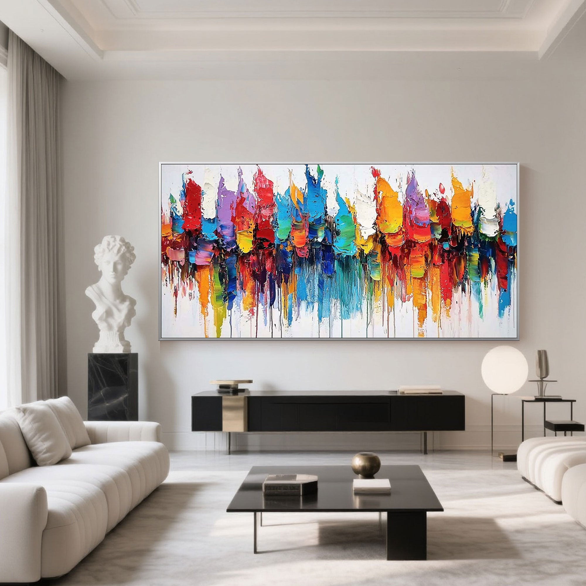 Abstract colorful canvas art in modern living room setting.
