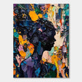 Abstract colorful portrait wall art 'Bloom Within' with thick textured brushstrokes in bold yellows, deep blues, rich purples, and warm oranges, hand-painted with eco-friendly paints on canvas.