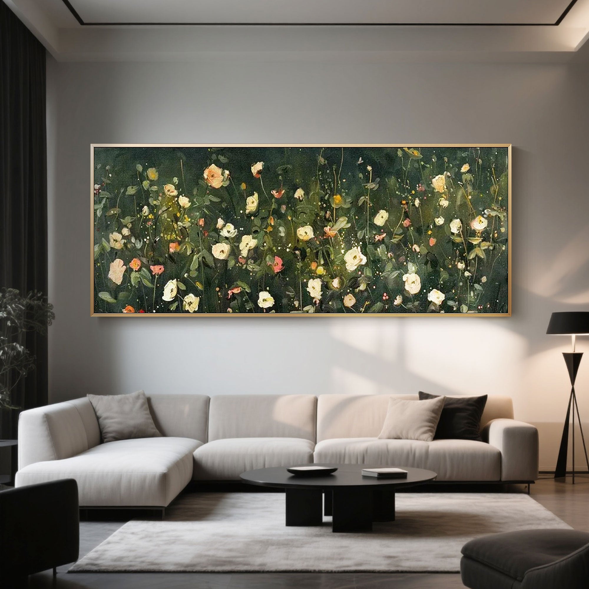 Abstract green flower wall art above buffet setting.