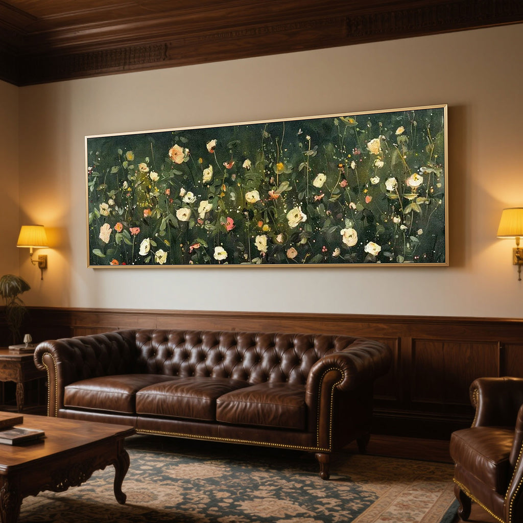 Abstract green flower wall art above buffet setting.