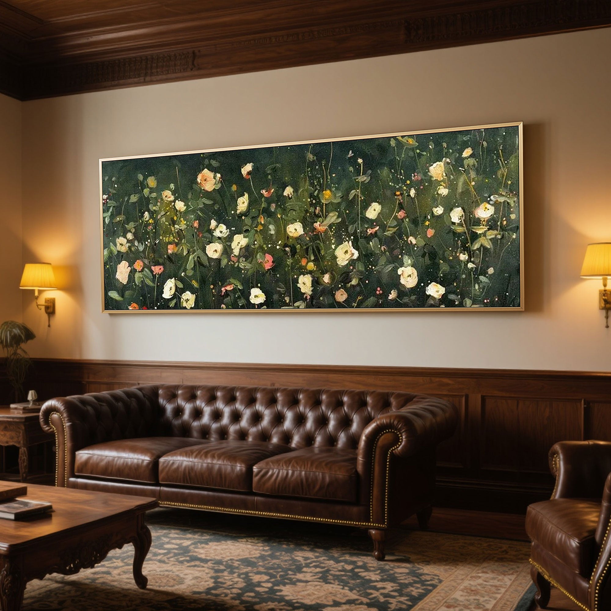 Abstract green flower wall art above buffet setting.