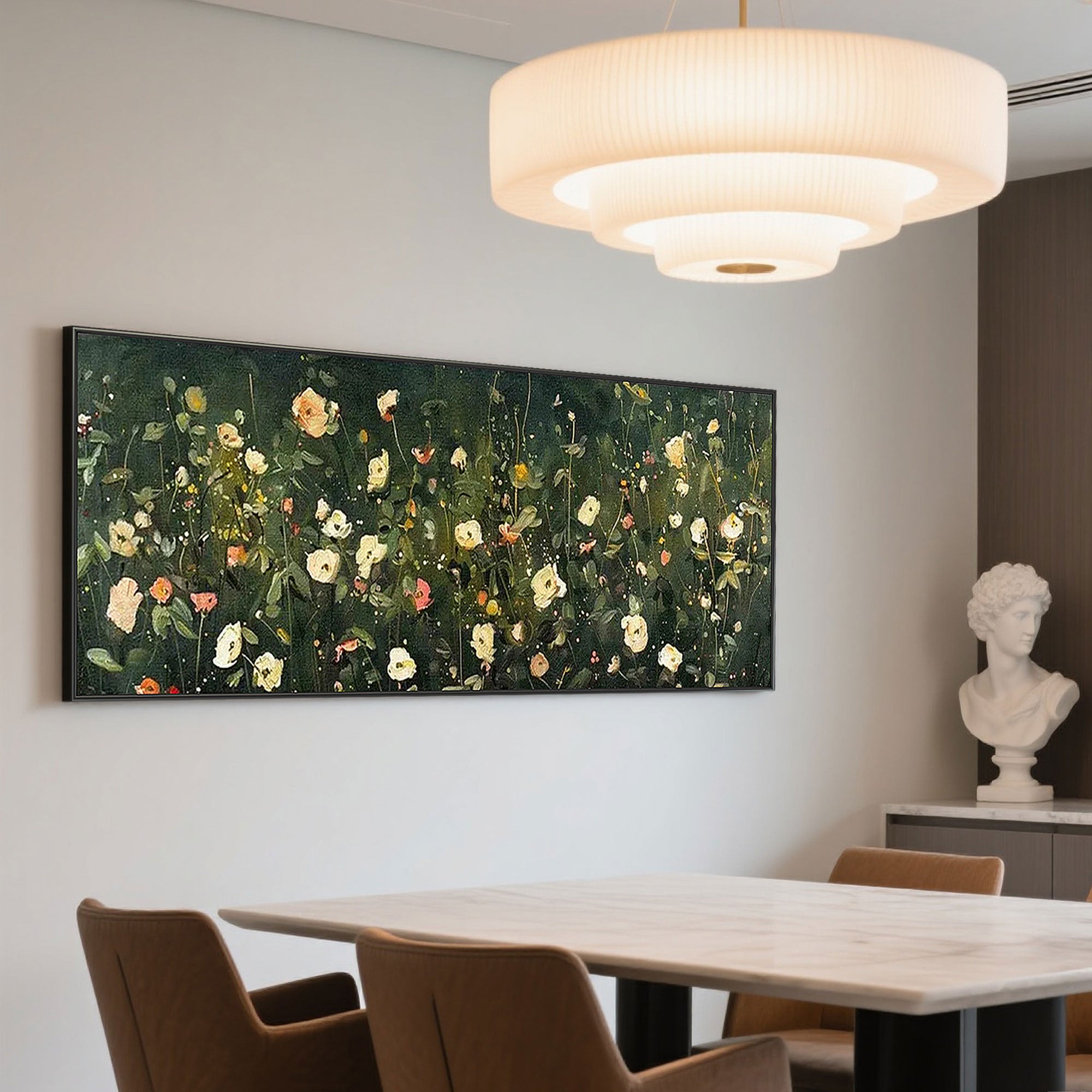 Verdena green floral wall art in black frame, dining room setting.