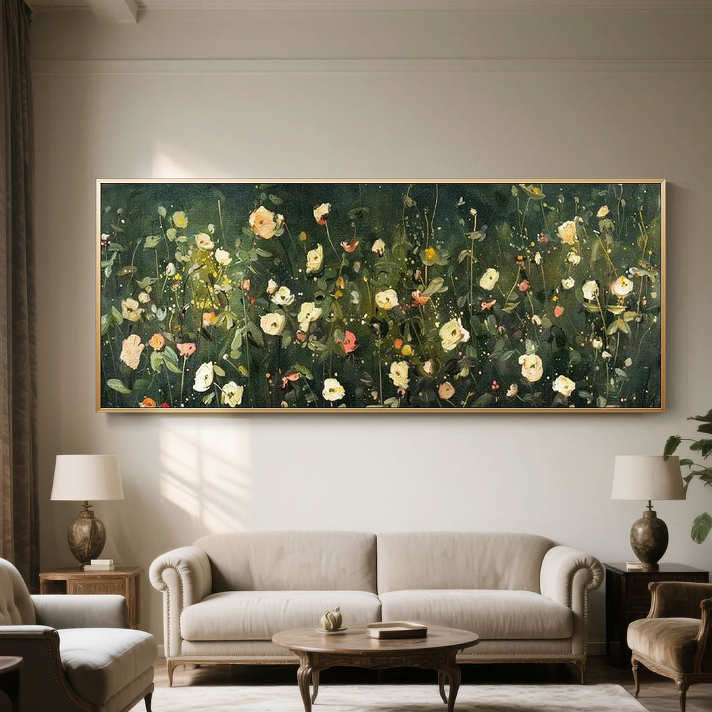 Abstract green flower wall art above buffet setting.