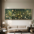 Abstract green flower wall art above buffet setting.