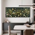 Abstract green flower wall art above buffet setting.
