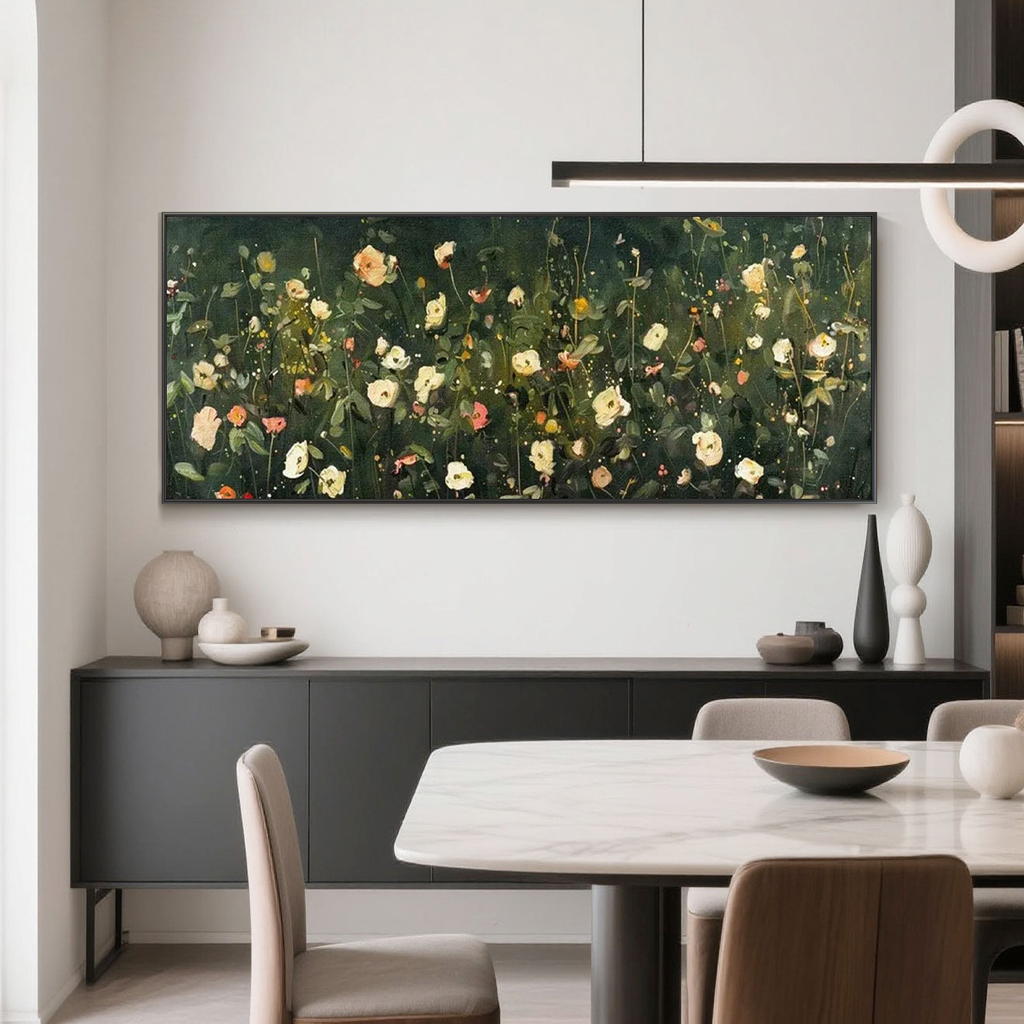 Abstract green flower wall art above buffet setting.