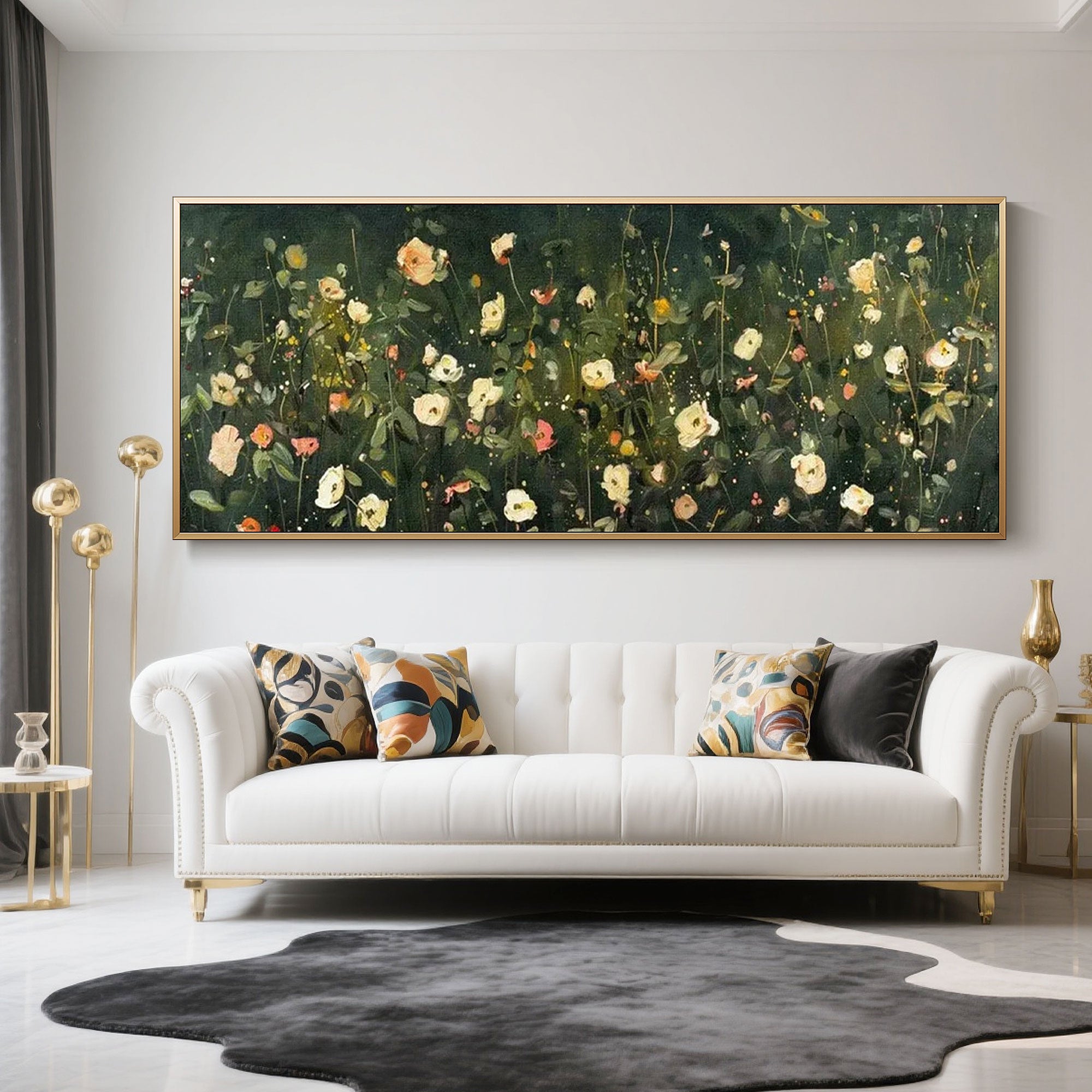 Abstract green Verdena canvas art above white modern sofa.