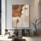 Abstract minimalist hand-painted wall art 'Layered Silence II' with textured layers in warm browns/beige, modern dining room