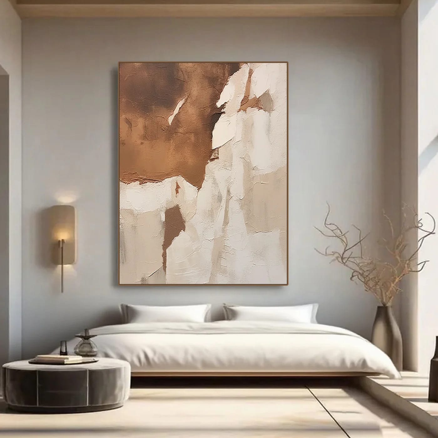Abstract minimalist modern wall art 'Layered Silence II' with brown/beige textures, framed canvas in contemporary bedroom