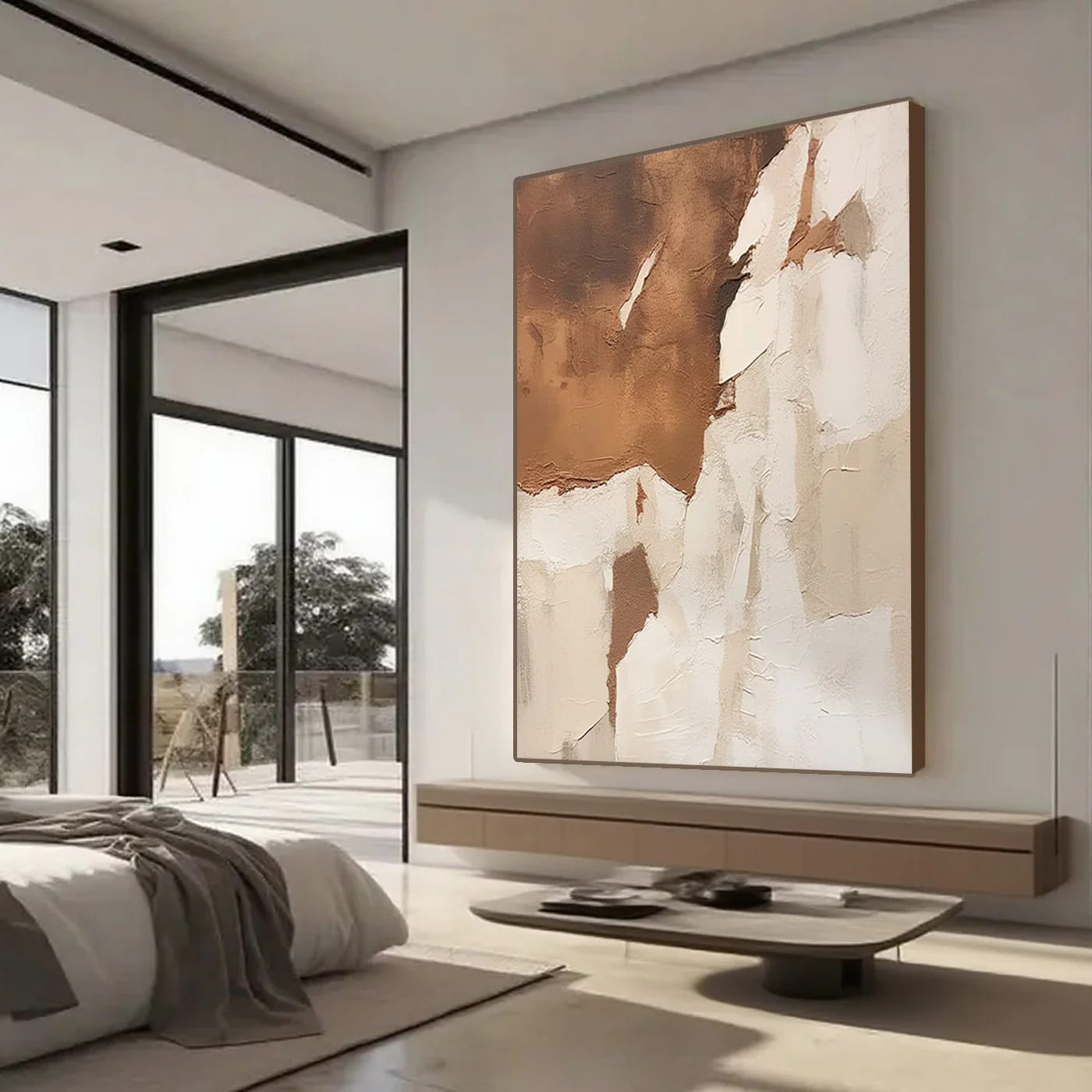 Large vertical abstract minimalist modern 3D textured canvas oil painting with brown, beige, and white earth tones, creamy to