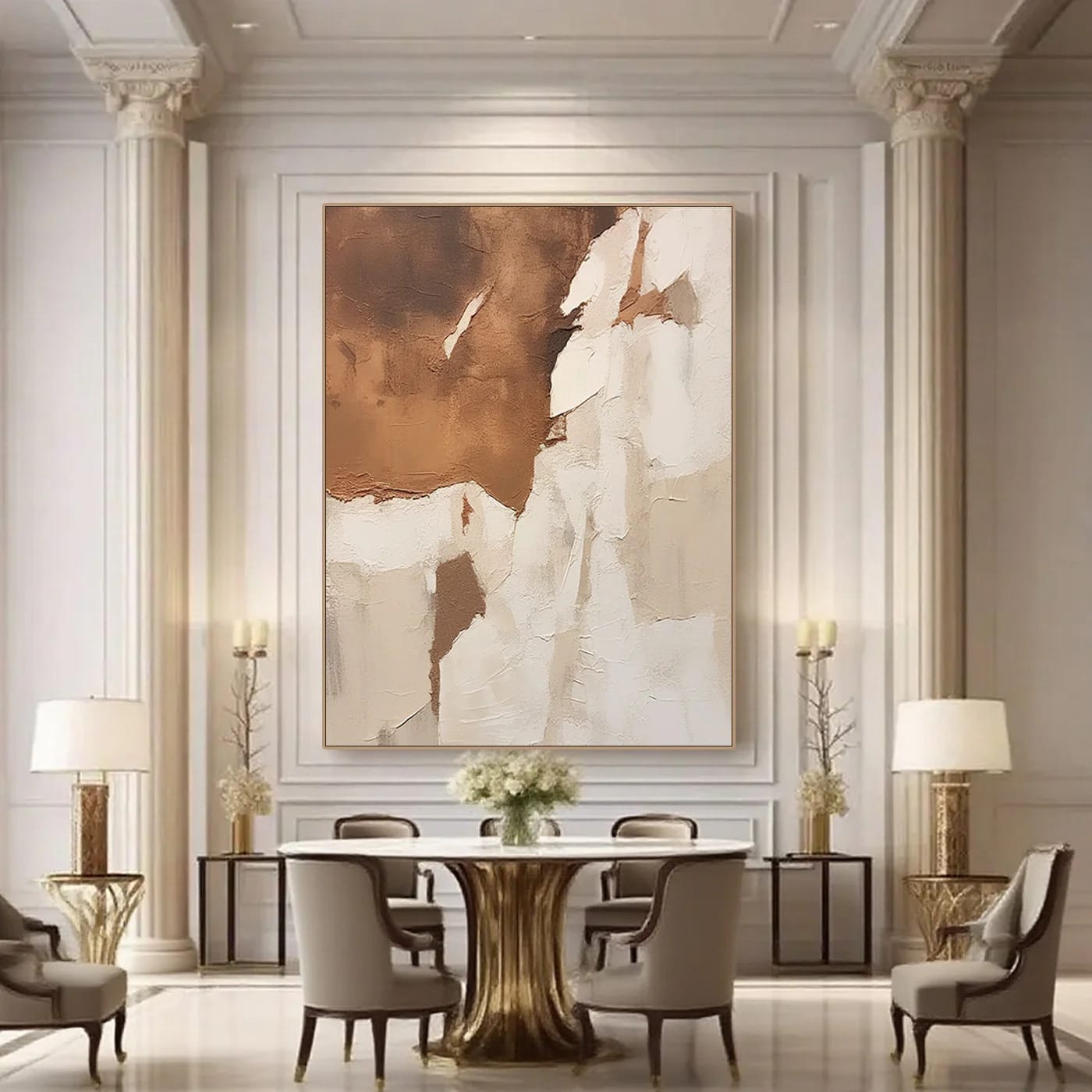 Abstract minimalist modern wall art 'Layered Silence II' with brown beige textured canvas in elegant dining room