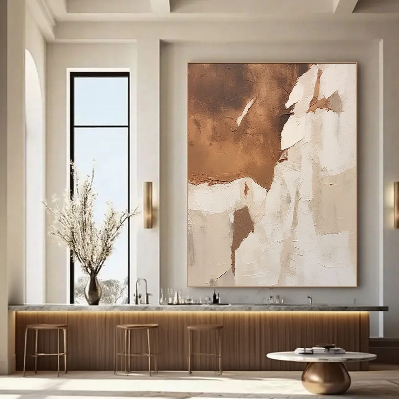 Hand-painted abstract minimalist wall art 'Layered Silence II' with earthy browns, beiges, and whites in textured layers, displayed in a contemporary interior.