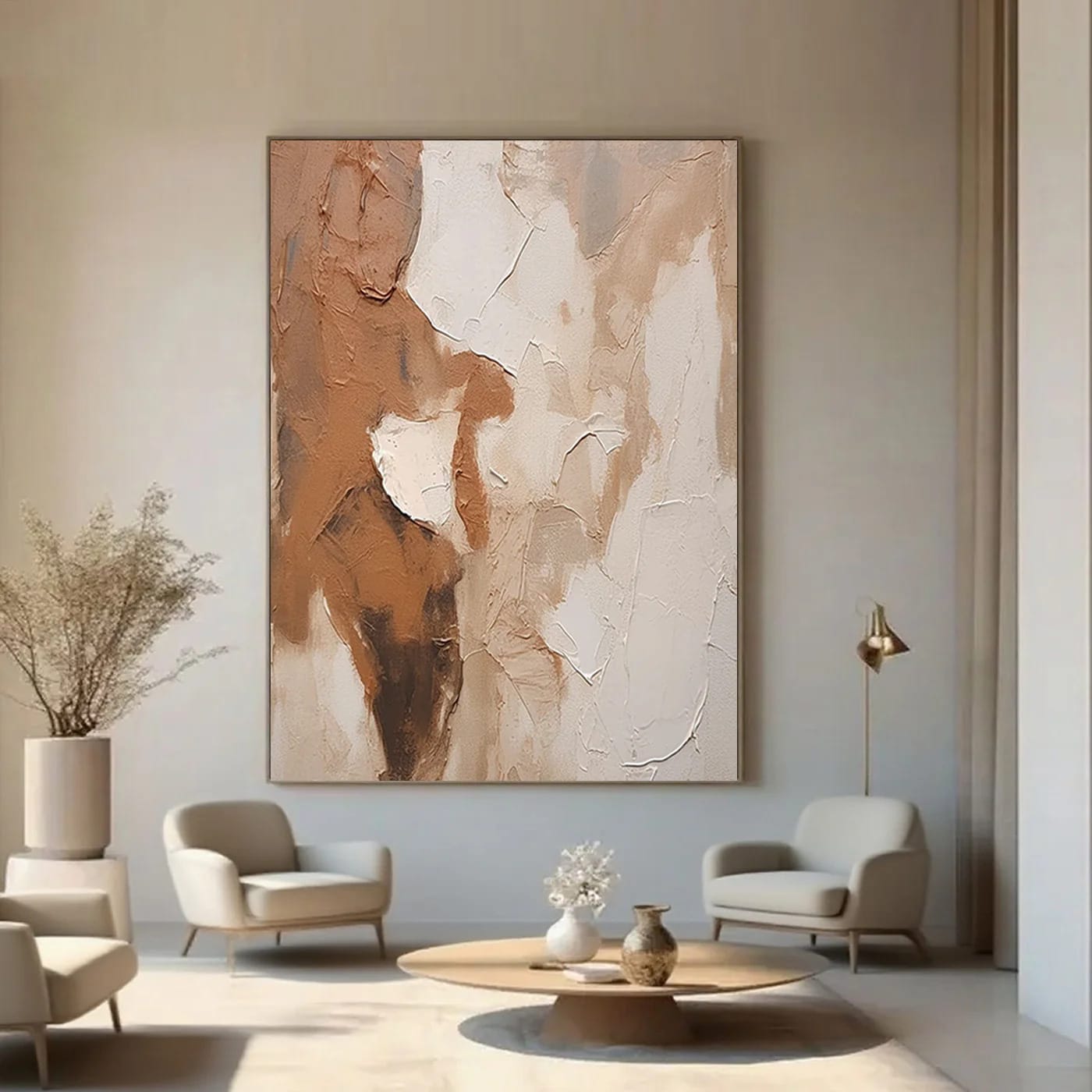 Large vertical abstract minimalist modern 3D textured canvas oil painting with brown, beige, and white earth tones, creamy pe