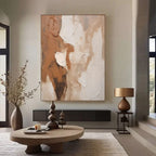 Hand-painted abstract modern wall art 'Layered Silence IV' with textured layers in warm browns/beige on canvas, displayed in contemporary living room