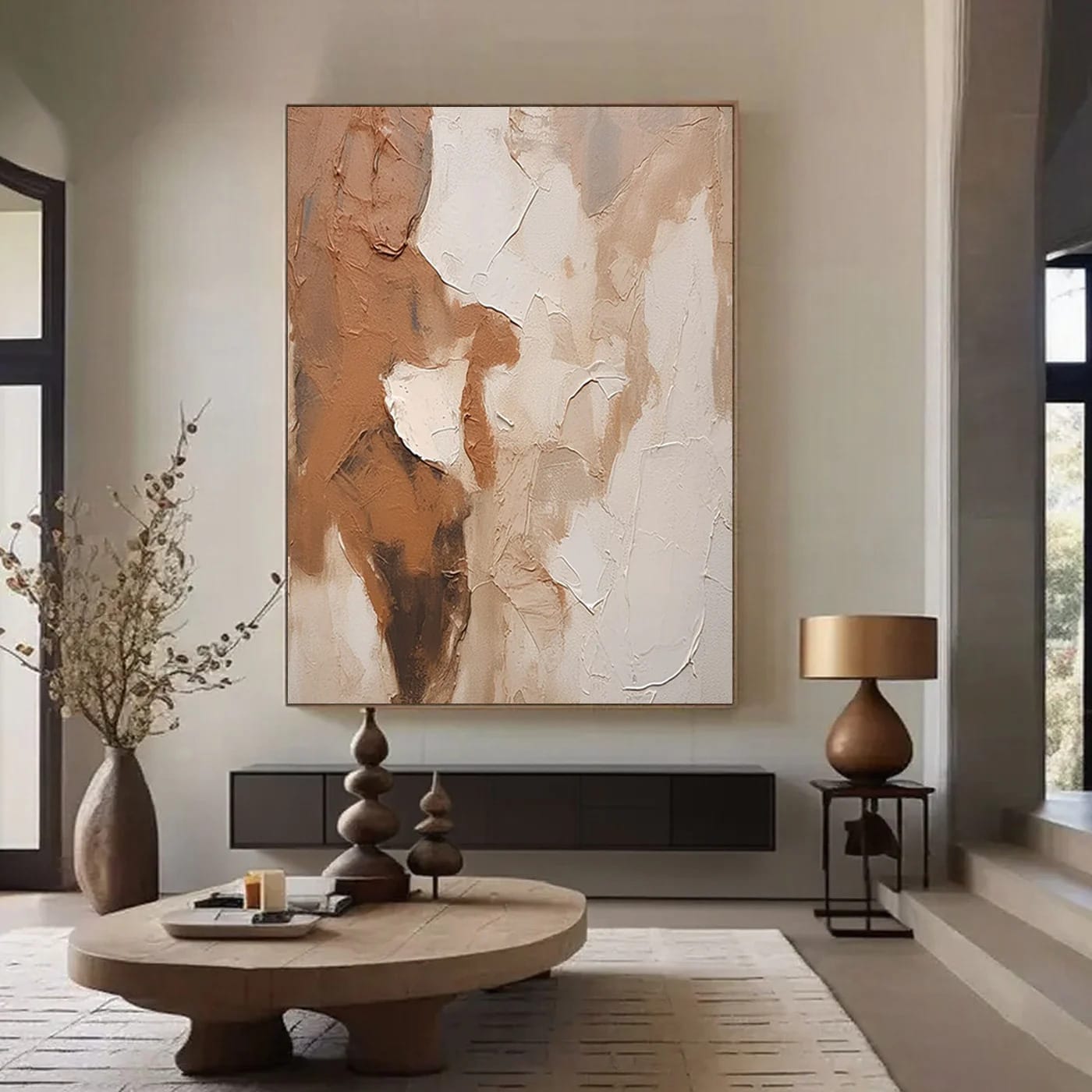 Hand-painted abstract modern wall art 'Layered Silence IV' with textured layers in warm browns/beige on canvas, displayed in contemporary living room