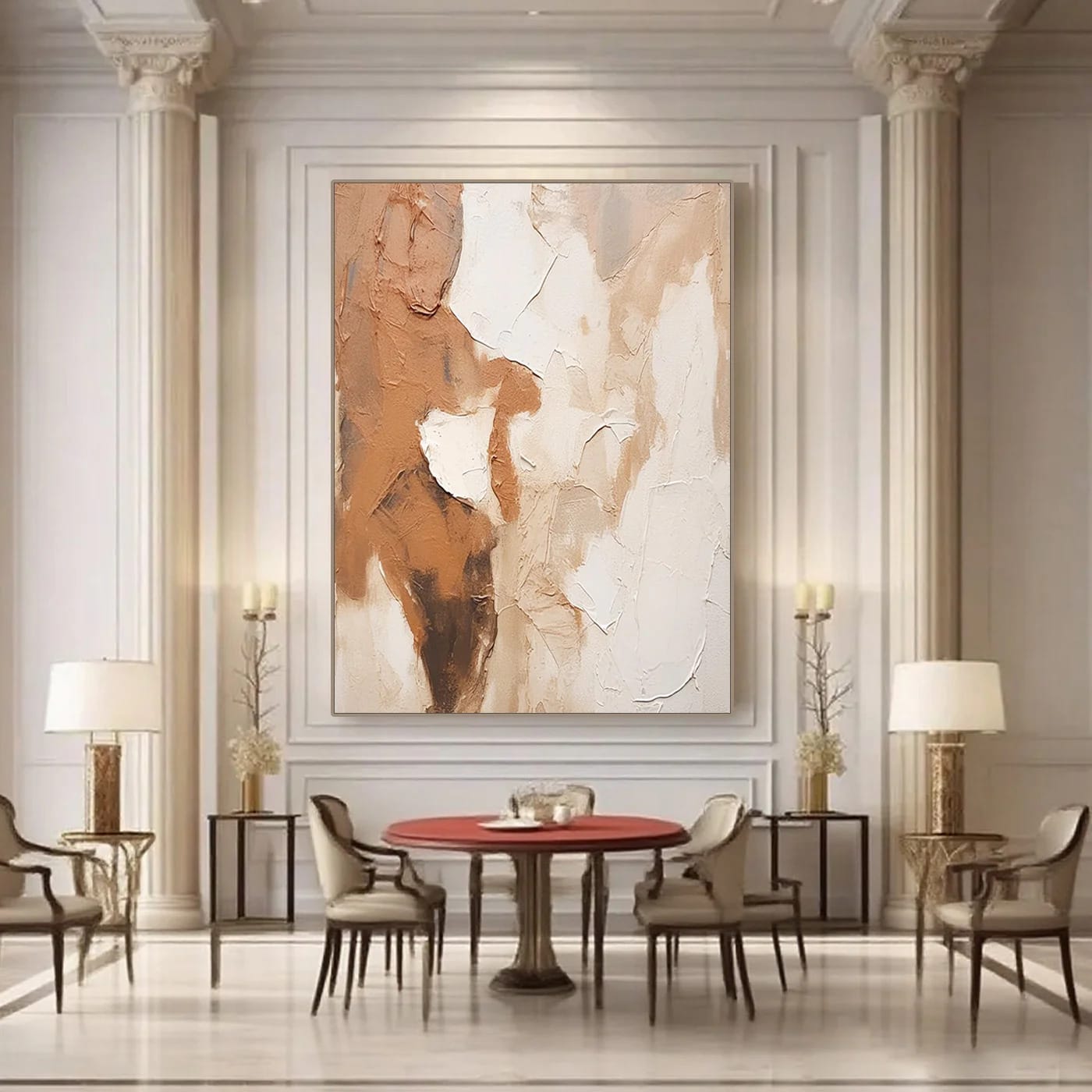 Abstract minimalist modern wall art 'Layered Silence IV' with earth-toned textured canvas in elegant dining room