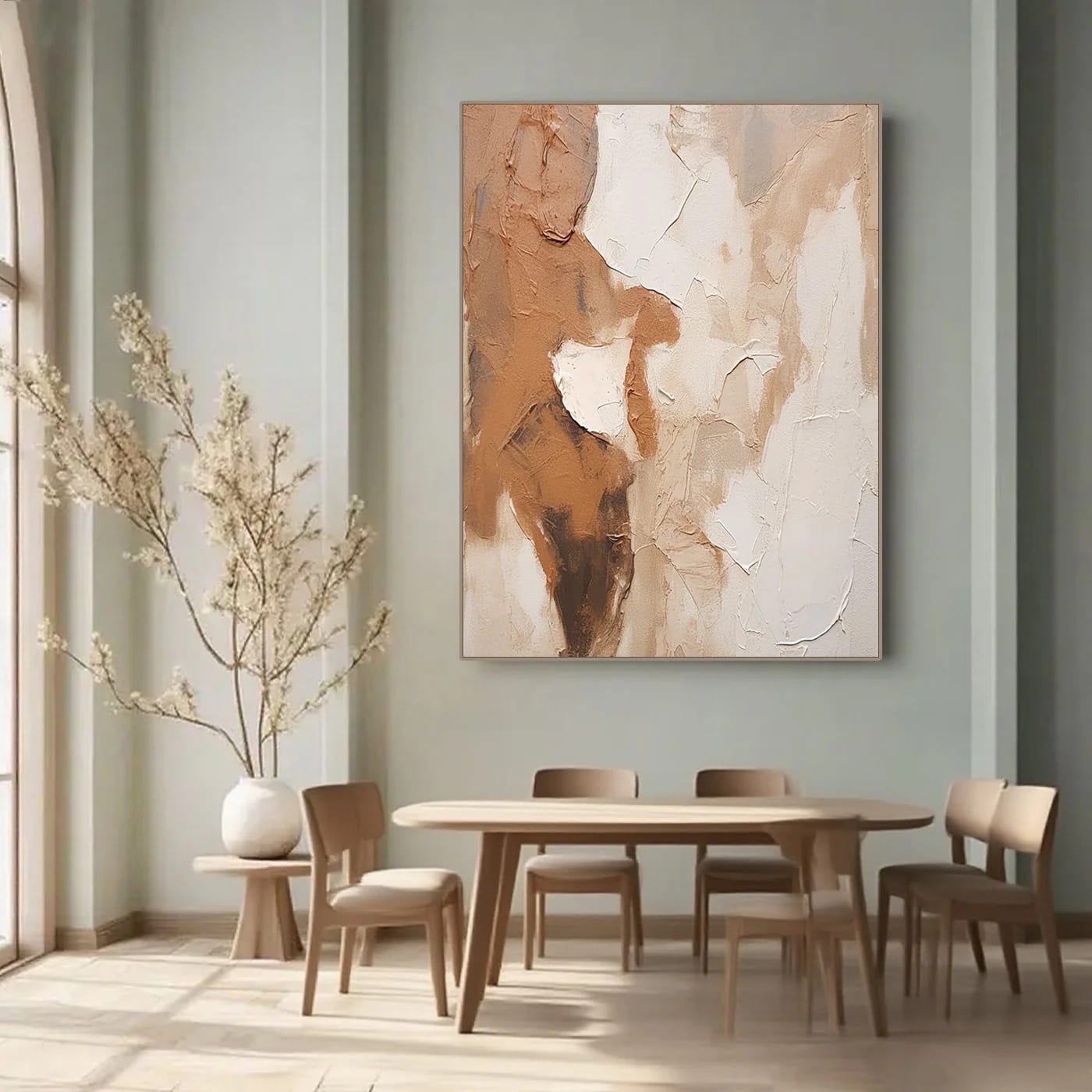 Hand-painted abstract minimalist wall art with earthy browns, textured layers, in dining room