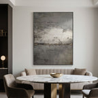 Abstract minimalist vintage hand-painted canvas art 'Drift of Light' by Lumi Gallery with textured gray tones in modern dining room